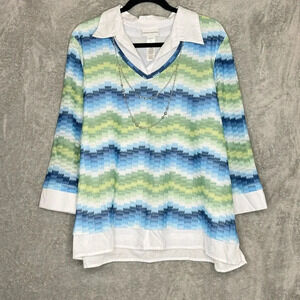 Alfred Dunner XL Shirt Top Blue Green Striped 3/4 Sleeve Collared‎ V Neck Womens